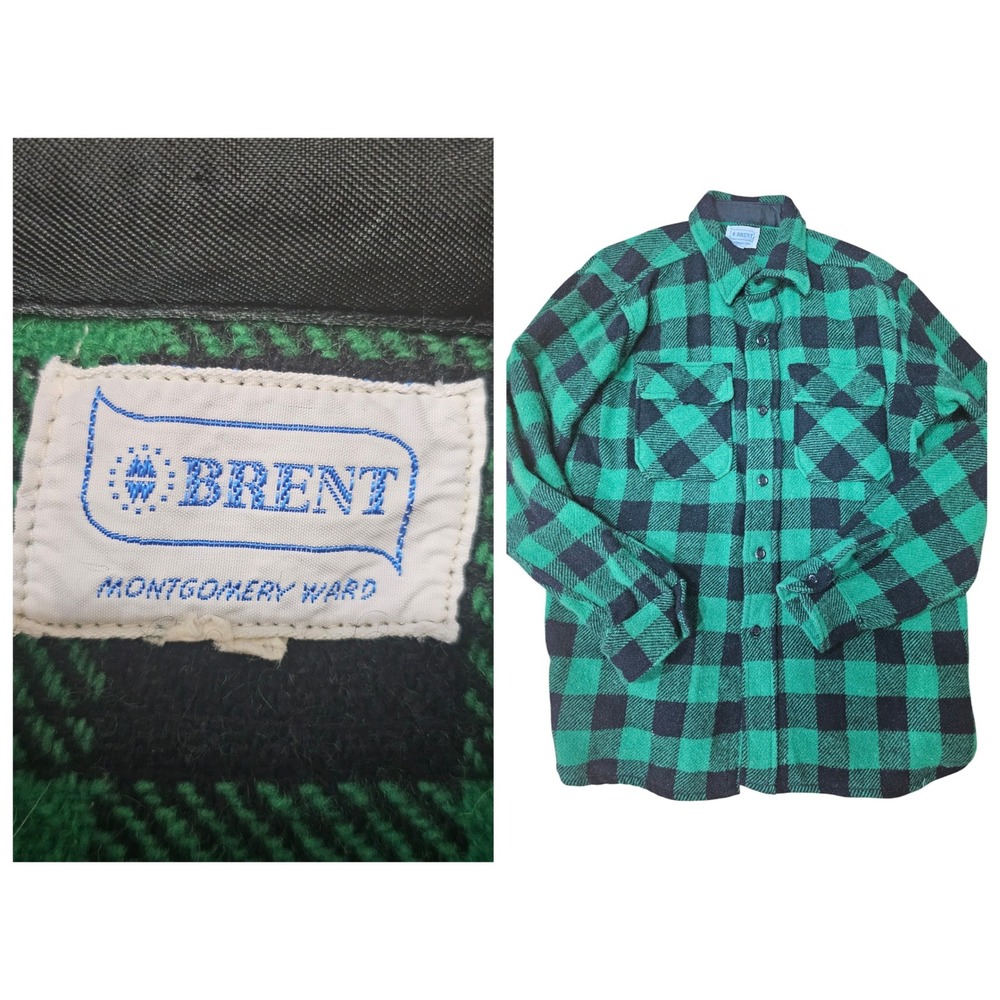 Vintage 50s 60s Green Buffalo Plaid Wool Blend Brent Flannel Shirt Mens L Black